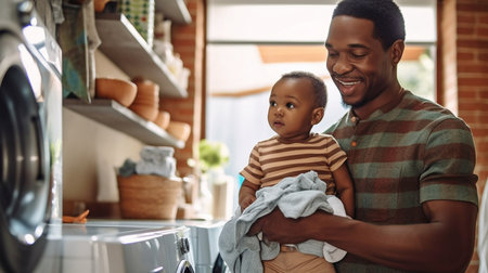 Generative AI, black man with kid in carrier, laundryの素材
