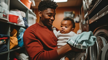 Generative AI, black man with kid in carrier, laundryの素材