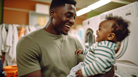 Generative AI, black man with kid in carrier, laundryの素材