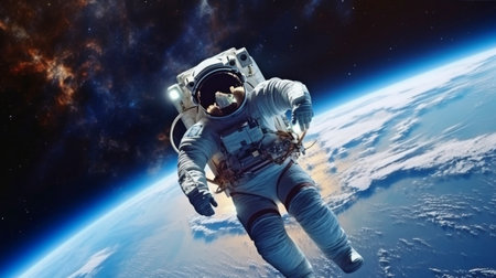 Generative AI with an astronaut in space, over the planet Earthの素材