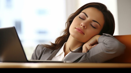 Generative AI and a young businesswoman napping on a deskの素材