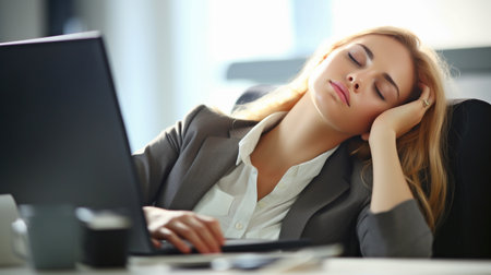 Generative AI and a young businesswoman napping on a deskの素材