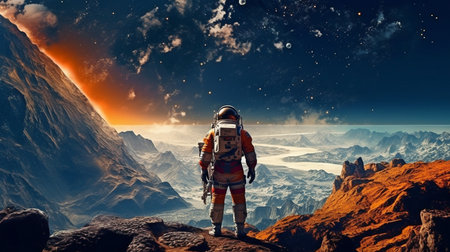 Standing on a planet, an astronaut looks up into the vast cosmos using Generative AI.の素材