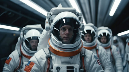 a group of spacesuit-clad astronauts. Future spacecraft with cutting-edge technology, Generative AIの素材