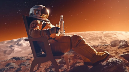 On a distant planet, a beer-drinking astronaut relaxes on a chair beneath the light of a bright star. Generative AIの素材
