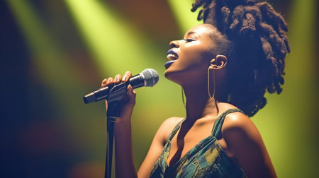 Singer, Black woman Generative AI acting on stageの素材