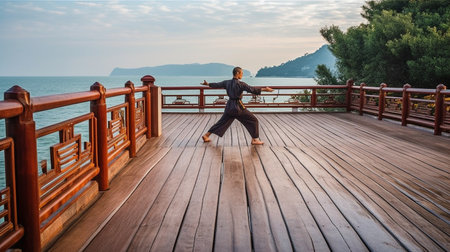On a wooden boardwalk near the sea, a man engages in martial arts practise. The Generative AIの素材