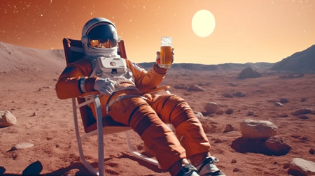On a distant planet, a beer-drinking astronaut relaxes on a chair beneath the light of a bright star. Generative AIの素材