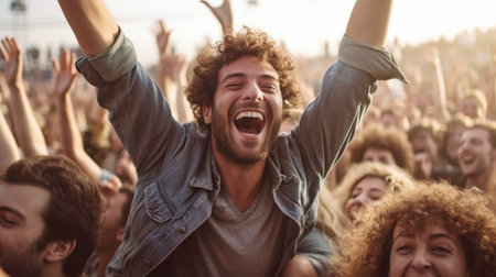 Generative AI, cheering lady atop man's shoulders during music festivalの素材