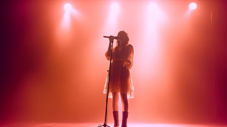 Generative AI fullbody young, attractive woman singing into microphone on stageの素材
