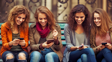 Generative AI and mobile smart phones are being enjoyed by friends.の素材