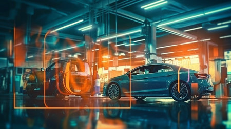 Car refuelling at a petrol station with refinery and symbolic business emblems. Fill up the automobile with petrol at the petrol station. Generative AI, double exposureの素材