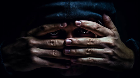 Generative AI image of a criminal in handcuffs covering his face with his hands in a dim, foggy room.の素材