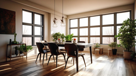 Generative AI, large window, and spacious dining room interiorの素材