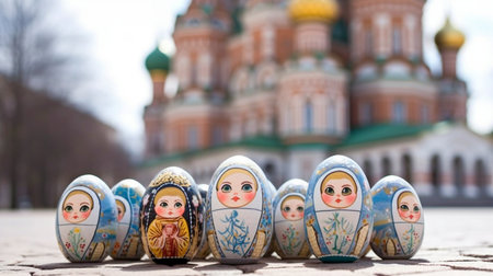 Russian nesting dolls in front of St. Petersburg's Church of the Resurrection of Christ, Generative AIの素材