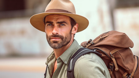 Generative AI, attractive masculine traveller in cap, turning awayの素材