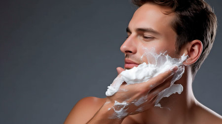 Generative AI, a young man using shaving cream, and a grey backgroundの素材