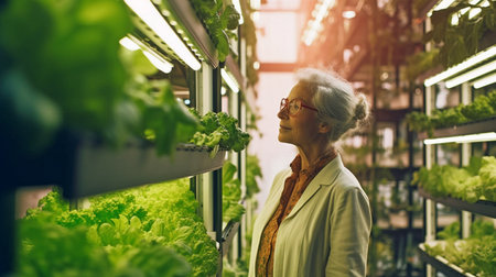 Generative AI portrait of a lady working on a contemporary vertical farmの素材