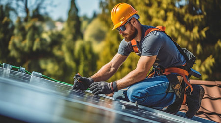 solar panels being installed on the roof by a handyman, Generative AIの素材