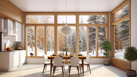 Generative AI, large window, and spacious dining room interiorの素材