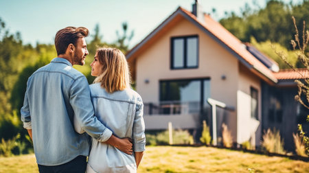 Generative AI, a young couple inspecting their new homeの素材