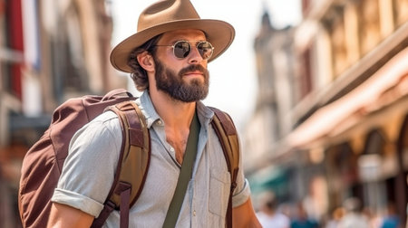 Generative AI, attractive masculine traveller in cap, turning awayの素材