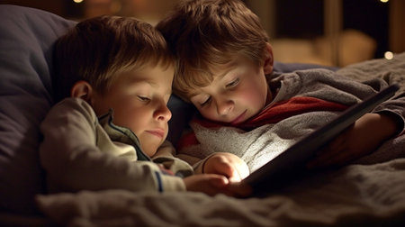 Generative AI is used by two brothers before bed.の素材