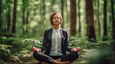 Generative AI allows a businesswoman to relax in a forest while reducing her stress.の素材