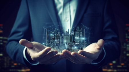 Generative AI and a double exposure of a businessman reveal contemporary technologies.の素材