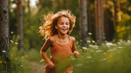 Generative AI, cheerful young woman jogging across the woodlandの素材