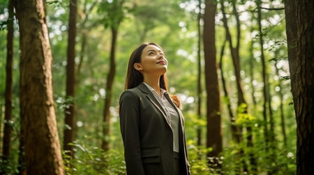 Generative AI allows a businesswoman to relax in a forest while reducing her stress.の素材