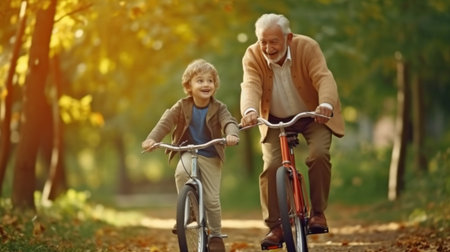 Generative AI is used by a happy family grandfather to educate his little grandson how to ride a bike in a park.の素材