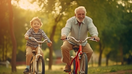 Generative AI is used by a happy family grandfather to educate his little grandson how to ride a bike in a park.の素材