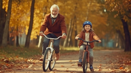 Generative AI is used by a happy family grandfather to educate his little grandson how to ride a bike in a park.の素材