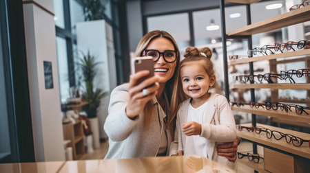 Trying on new spectacles at the ophthalmologist, a mother and daughter take selfies using Generative AI.の素材
