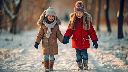 They assert that poor attire is the only cause of terrible weather. Children and their parents are outside enjoying the winter. Generative AIの素材