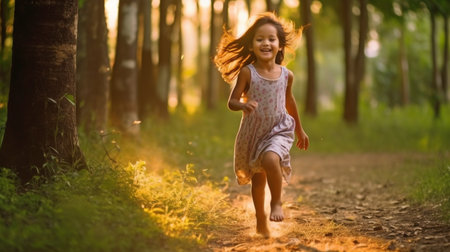 Generative AI, cheerful young woman jogging across the woodlandの素材