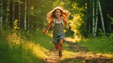 Generative AI, cheerful young woman jogging across the woodlandの素材