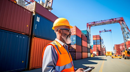 At a container terminal, a manager of goods forwarding uses Generative AI.の素材