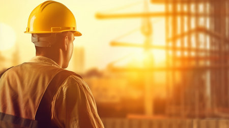 On a building site with a crane and a sun flare, Generative AI, an architect, construction worker, civil engineer, or foreman wearing a hard helmet and safety vestの素材