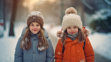 They assert that poor attire is the only cause of terrible weather. Children and their parents are outside enjoying the winter. Generative AIの素材