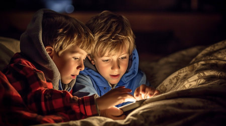 Generative AI is used by two brothers before bed.の素材