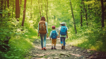 a joyful family hiked through the forest with backpacks on, Generative AIの素材