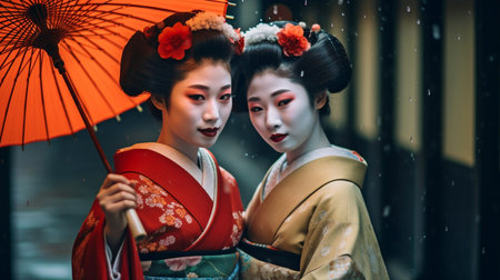 Generative AI portrait of two young Maiko geisha in Gionの素材