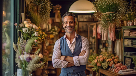 Generative AI, a cheerful man in a flower shop window, and a daytime settingの素材