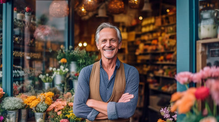 Generative AI, a cheerful man in a flower shop window, and a daytime settingの素材