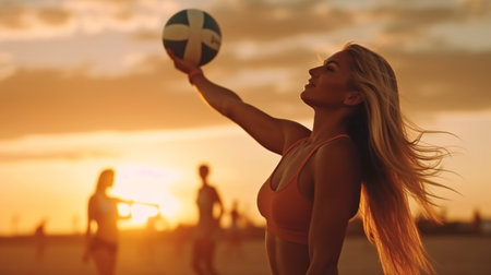 Generative AI lady playing beach volleyball at dusk.の素材