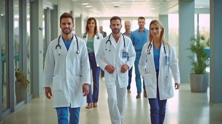 a full-length photograph of a doctor approaching the camera while clutching a clipboard in the hallway of a contemporary clinic, The Generative AIの素材