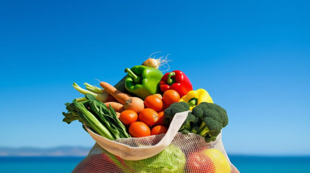 On a background of a blue summer sky and a recyclable bag of fresh veggies, Generative AIの素材
