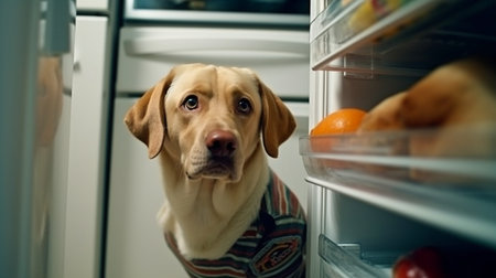Generative AI shows a little child and an adorable Labrador Retriever searching for food in their refrigerator at home.の素材